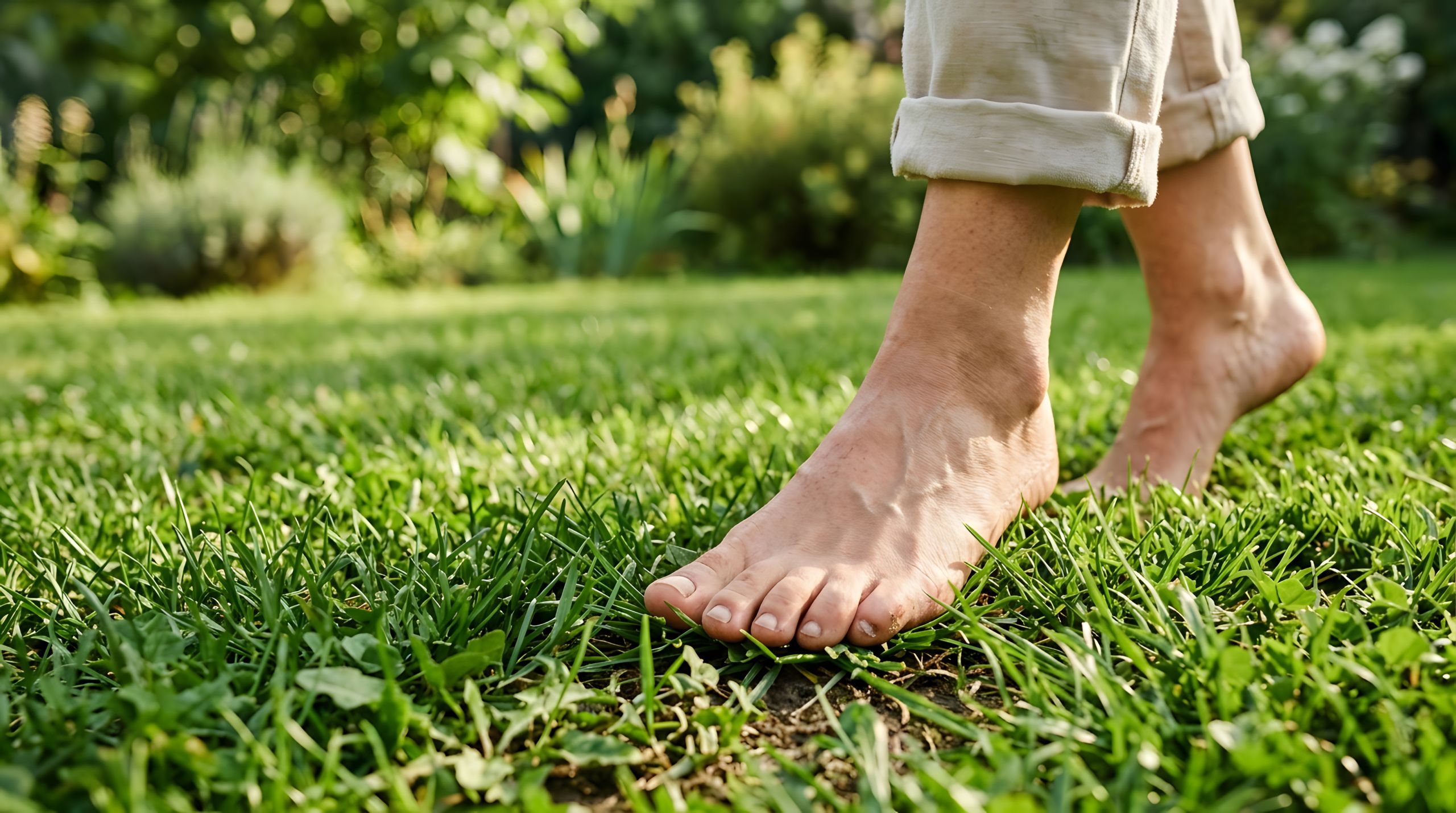 Bare feet walking on fresh green grass in garden, embracing a digital detox, analog lifestyle and grounding wellness routine outdoors
