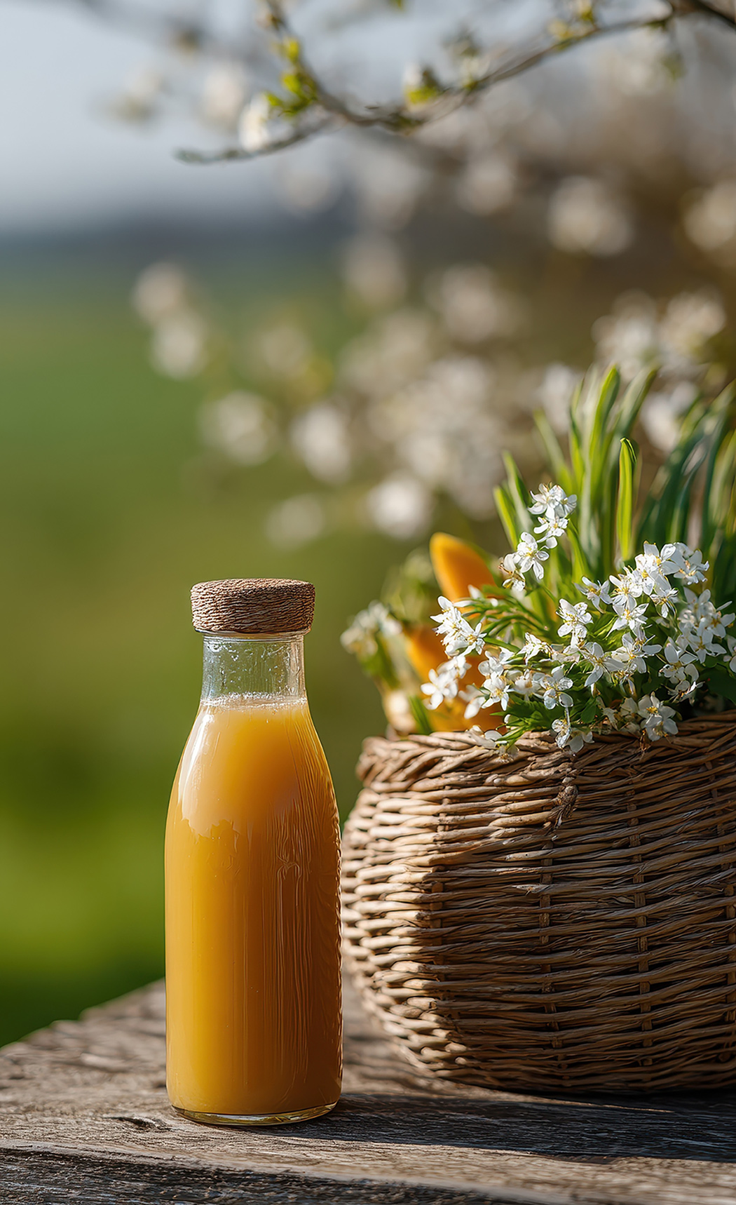 Fresh organic orange juice glass bottle with cork stopper standi