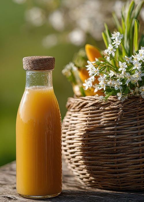 Fresh organic orange juice glass bottle with cork stopper standi